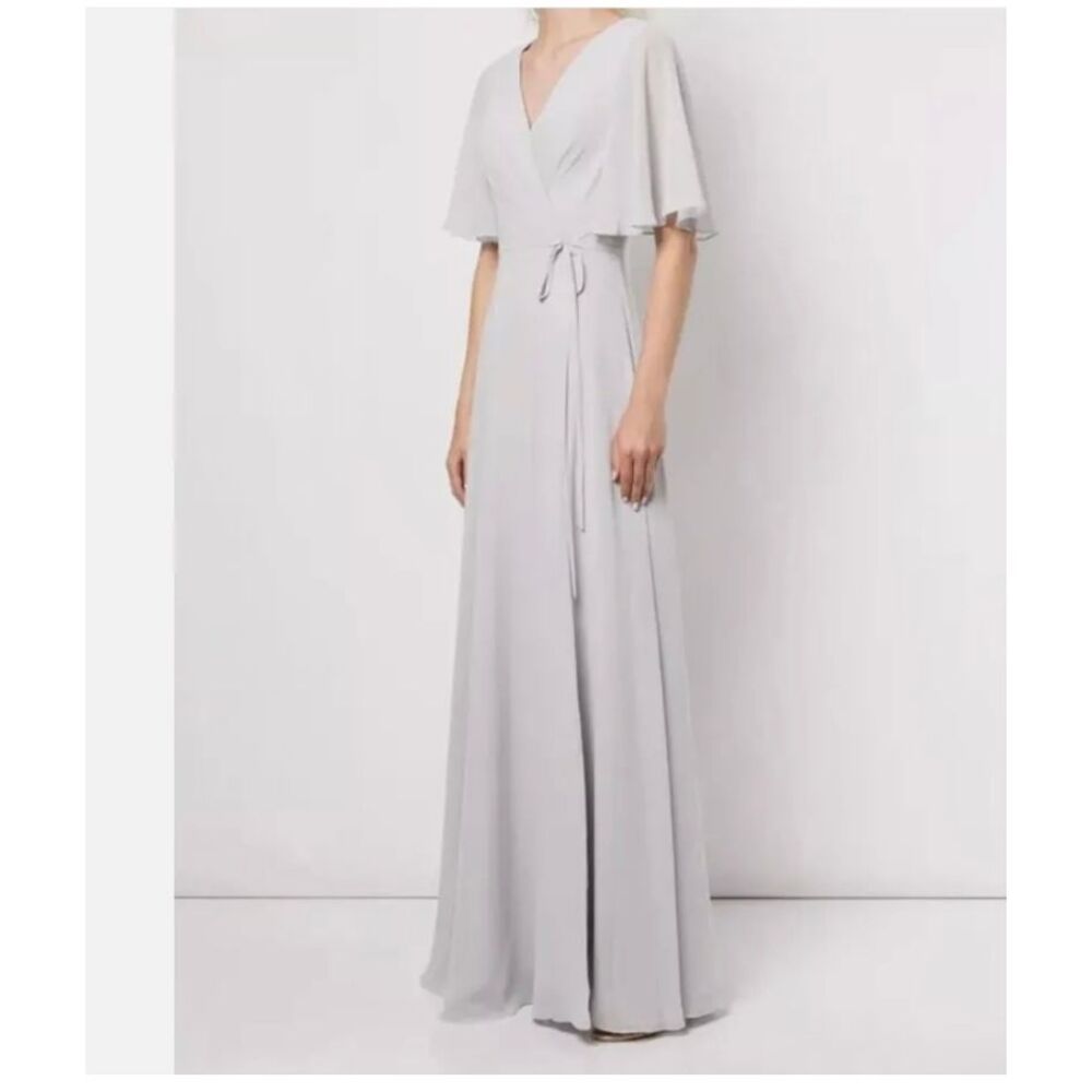 Marchesa Notte Bridesmaid Dress Dove Gray Chiffon Sz 2 NWT Surplice Slit READ